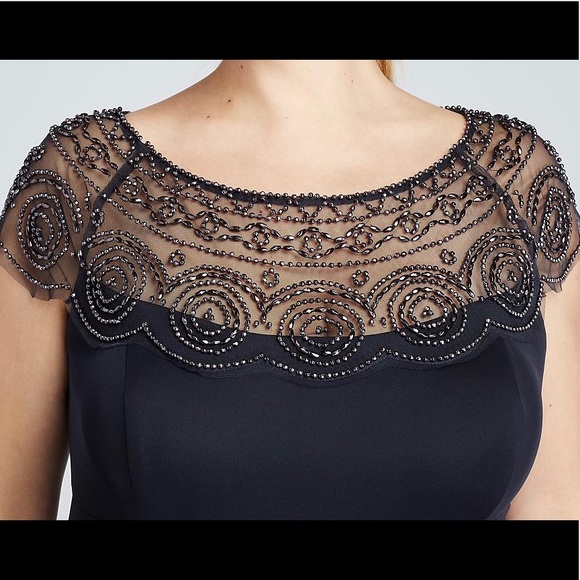 David’s Bridal Cap Sleeve Beaded Navy Blue dress - Picture 6 of 7